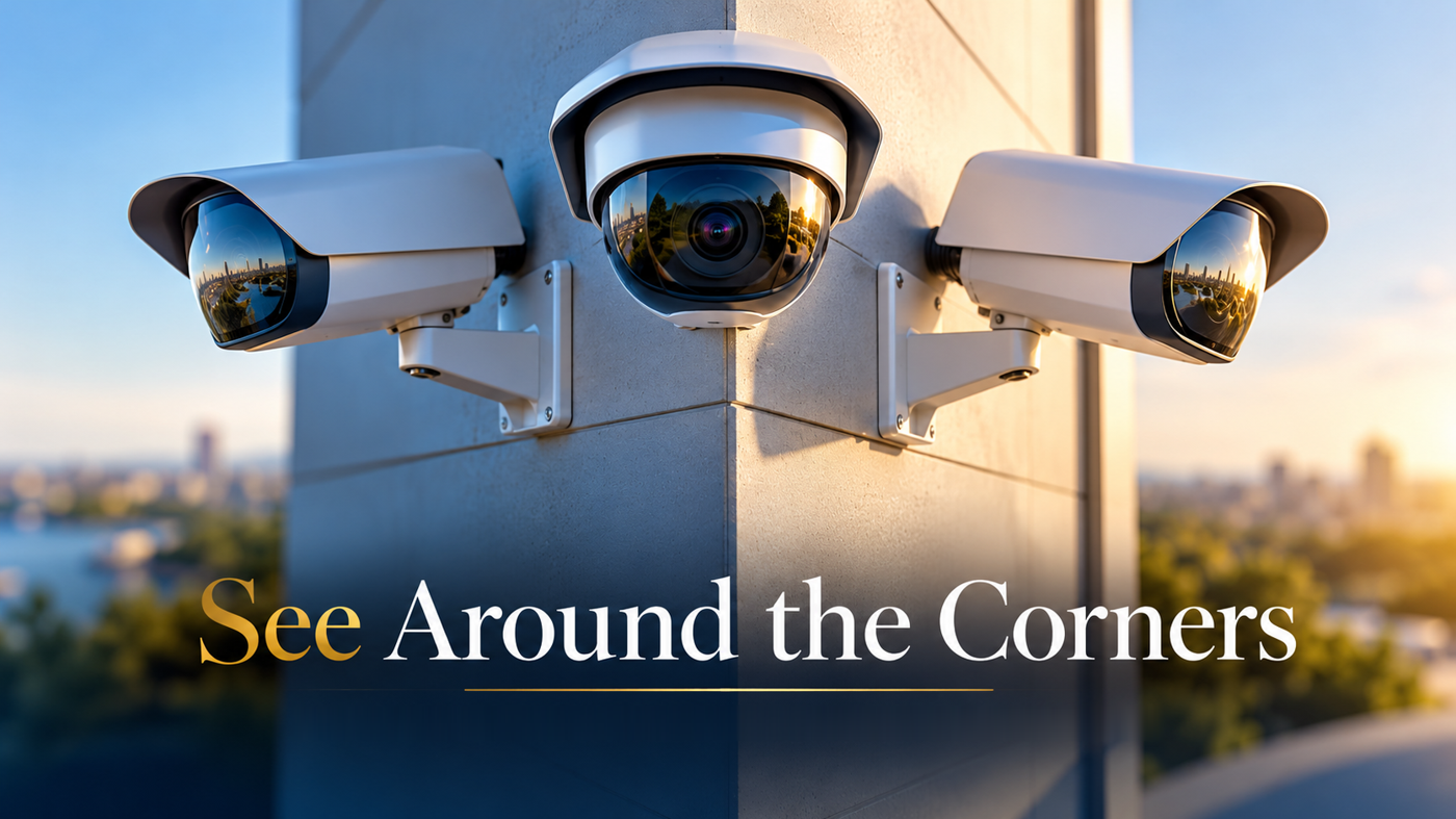 See Around the Corners. Three security cameras mounted on the corner of a building, overlooking a city at sunset