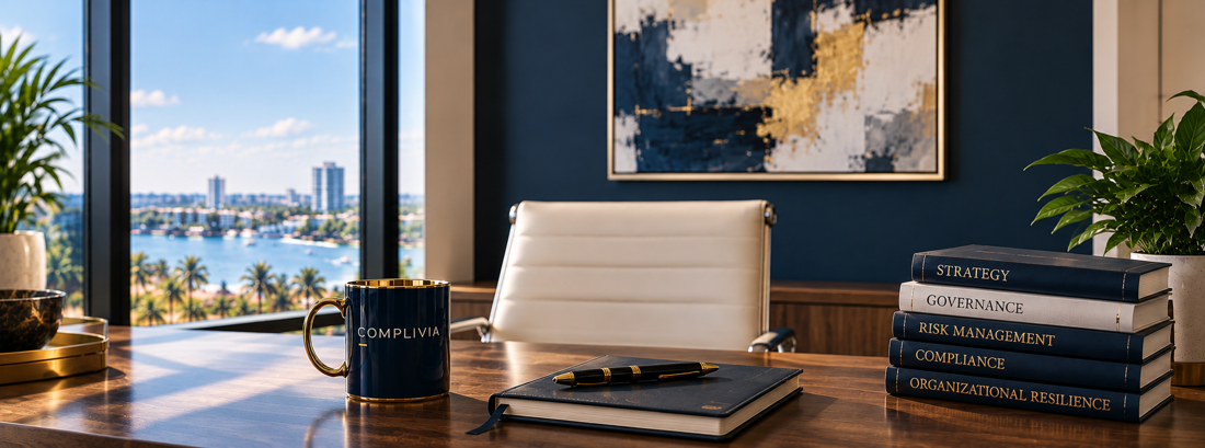 Complivia office desk with a branded mug, a leather notebook and pen, and bound volumes on strategy, governance, risk management, compliance, and organizational resilience beside a waterfront window